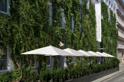 Blick auf die mit Efeu bewachsene Außenfassade des Hotel Harmonie Vienna